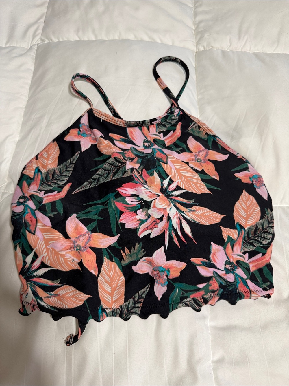 Indigo Floral High Neck Bikini Top - Black with Peach & Green